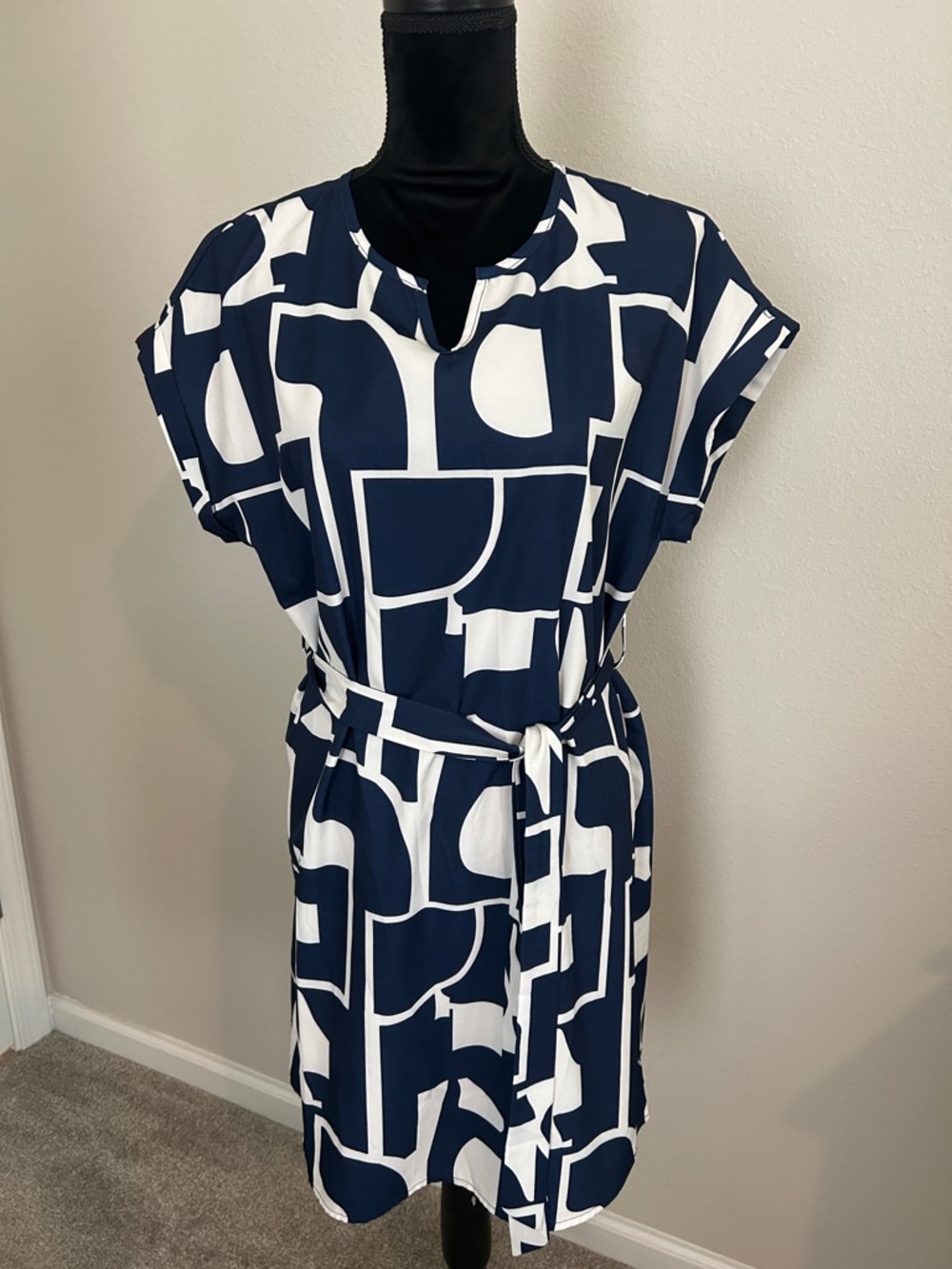 Navy & White Geometric Belted Women's Dress